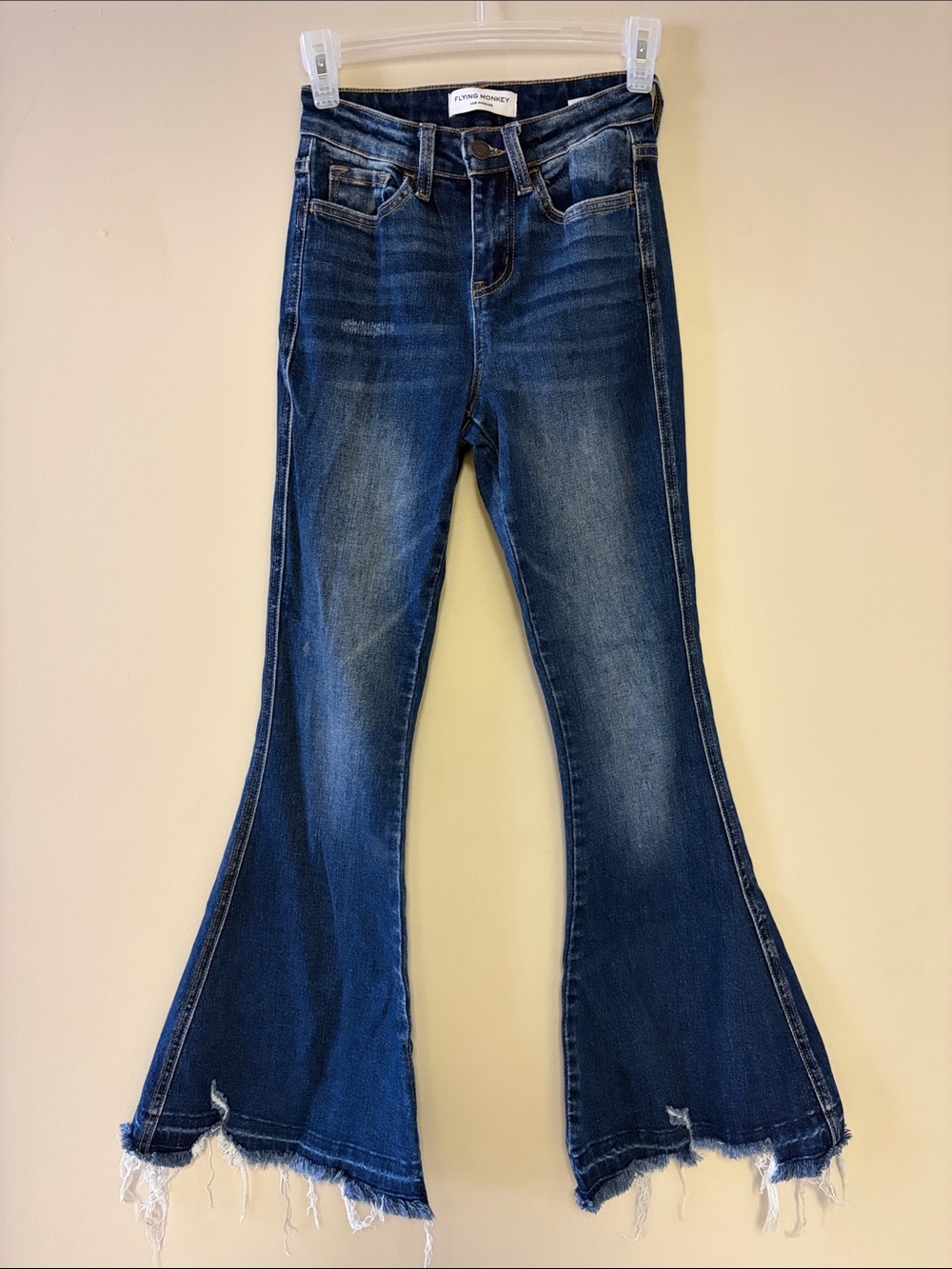 Flying Monkey Indigo Blue High-Rise Flared Jeans with Raw Hem